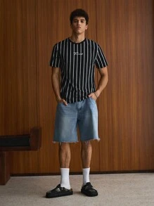 SWAVVY Men Letter Graphic Striped Casual Color Block Short Sleeve Tee, Boyfriend Gift, Summer, School