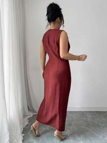 Elenzga Vestido midi monocromático para mujeres de talla grande con cuello redondo, recogido en la cintura, decoración de hebilla metálica y diseño simple, elegante y casual para uso diario, trabajo, vacaciones y té por la tarde en primavera/verano