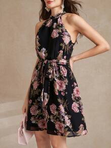 Amorya Của phụ nữ In hoa Halter Neck Đầm - màu đen - Xem 4