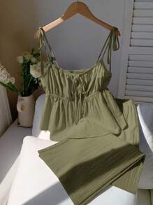 Comfortcana Linen Tank Top And Long Pants Set, Summer - Army Green - View 4