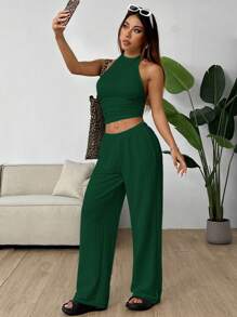 SHEIN EZwear 橄榄绿针织女式休闲修身套装 - 墨綠色 - 查看 6