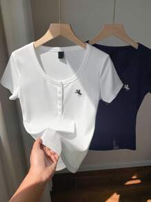 Comfortcana 2pcs Solid Color Embroidered Henley Neck Slim Fit Short Sleeve T-Shirts, Summer