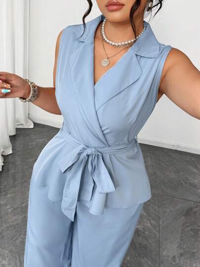 Elenzga Conjunto de 2 piezas de blazer y pantalones de unicolor talla grande para mujer, con escote en V y decoración con lazo, para primavera/verano