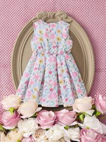 SHEIN Young Girl Floral Print With Bow Decor Sleeveless Round Neck Dress - Multicolor - View 2