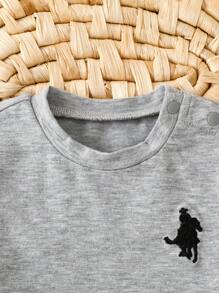 SHEIN 2pcs Dozemod Newborn Baby Boy Casual Embroidery Graphic Round Neck Short Sleeve Top And Loose Plaid Print Pants Pajama Set - Black and White - View 3