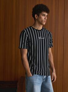 SWAVVY Men Letter Graphic Striped Casual Color Block Short Sleeve Tee, Boyfriend Gift, Summer, School