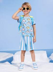 SEALOOK X SHEIN Conjunto de 2 piezas para niño pequeño con camiseta azul con diseño de foca y estrella de mar del mundo acuático y shorts de rayas azules y blancas para playa de verano - Azul - Ver 7
