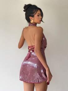 Aloruh Robe mini sexy femme à encolure plongeante sans manches, dos nu, avec découpes laser et détails brillants - Fushia - Voir 5