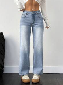 SHEIN PETITE Damskie proste luźne jeansy casualowe z kieszeniami, uniwersalne