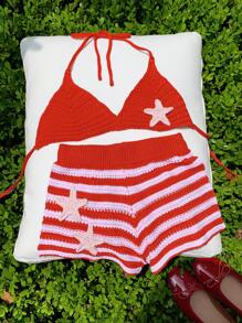 Comfortcana European Summer Beach Outfits American Flag Bikini 2pcs/Set Women Starfish Decoration Sleeveless Top And Striped Knit Shorts