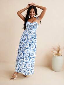 Kiitan Luxe Robe longue femme à ligne évasée avec imprimé floral éclat bleu et bretelles en nœud, idéale pour l'été et les vacances