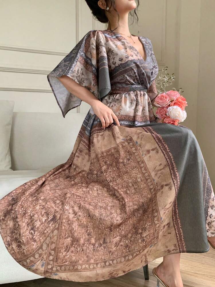 Women's Boho Style Elastic Waist Dress With Full Prints, Elegant For Summer