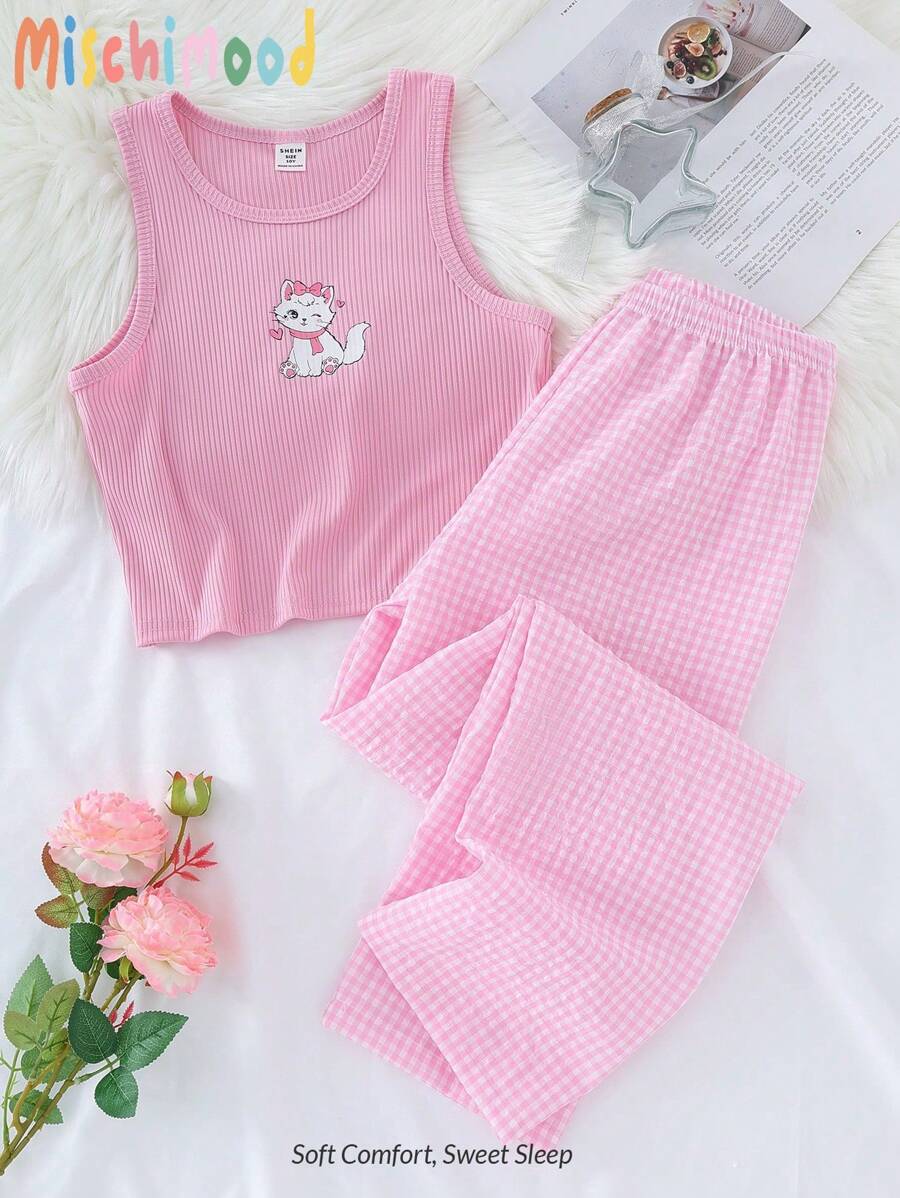 2件套女童卡通猫印花罗纹背心和格子裤舒适家居服套装年轻女孩服装套装短袖青少年女童服装青少年女童服装年轻女孩套装年轻女孩两件套 - 粉色 - 查看 1