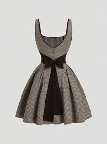 Sweetra Plus Size Elegant Casual Plaid Square Collar Bowknot Waist Dress - Coffee Brown - View 1