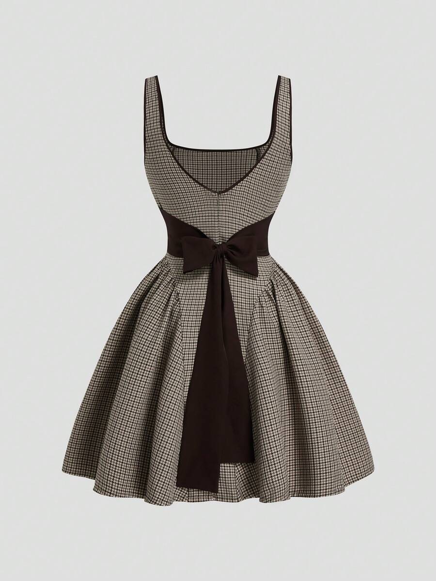 Sweetra Plus Size Elegant Casual Plaid Square Collar Bowknot Waist Dress - Coffee Brown - View 1