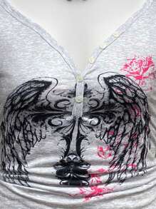 EgrlEra Women's Sheer Printed V-Neck Half-Placket Short Sleeve T-Shirt - Multicolor - View 5