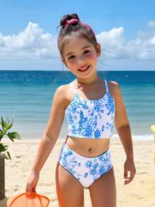 2pcs/Set Girls Swimsuit, Floral Print Top And Adjustable Strap Triangle Bottoms - Multicolor - View 1