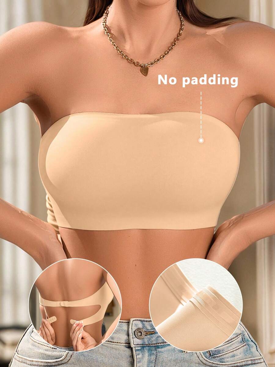 SHEIN 1pc Casual Comfortable Self-Adhesive Solid Color Backless Hollow Lace-Up Lining Nylon Women's Tubular Top(Strapless Bra) - Apricot - View 1