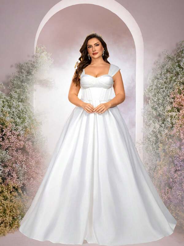 Glamrae Plus Size Elegant Romantic Sweetheart Neck, Cap Sleeves, A-Line Silhouette, Long Bridal Wedding Dress With Train, Bride