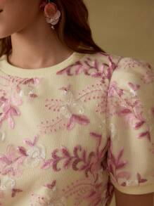 MOTF PREMIUM FLORAL EMBROIDERY PUFF SLEEVE KNIT TOP - Pink - View 2