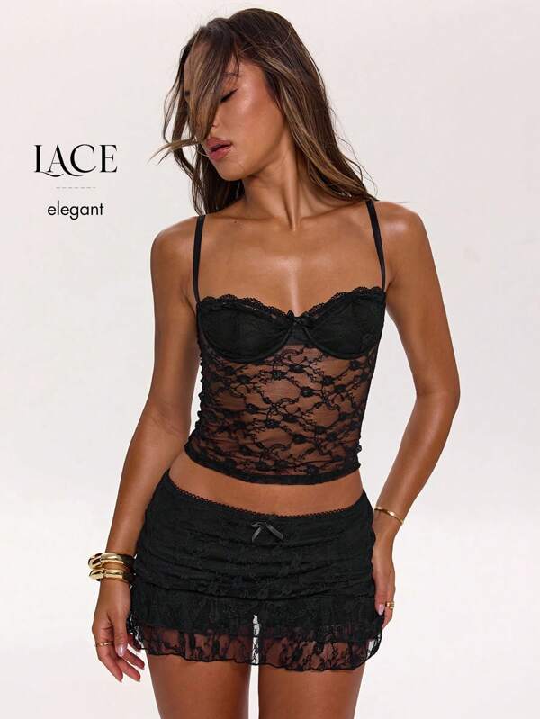 SHEIN BAE Crop top sexy cu curea din dantelă pentru femei, potrivit pentru ținuta de petrecere a festivalului de muzică, stil de stradă, ținută zilnică, potrivit pentru stilul Baddie/Bombshell