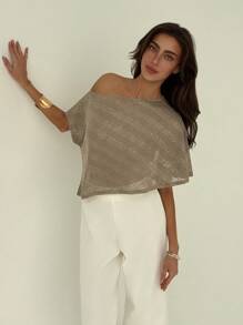Aloruh Blusa feminina elegante com decote assimétrico e manga curta