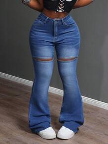 Slaydiva Quần Jeans Ống Loe Ôm Vừa Vặn Cá Tính Cho Nữ - Rửa trung bình - Xem 4