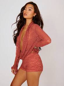 MUSERA Áo kiểu tay dài ren dệt họa tiết, cổ khoét sâu, cổ đổ, tay loe, chỉ mặc áo, gợi cảm, dễ thương, thích hợp cho mùa xuân hè, đi club, nghỉ lễ, phong cách boho, lễ hội, tiệc tùng, đi chơi. - Màu Cam san hô - Xem 2