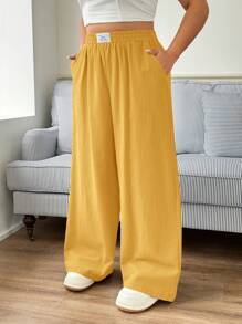 SHEIN EZwear 新款时尚大码休闲黄色简约裤 - 黃色 - 查看 5