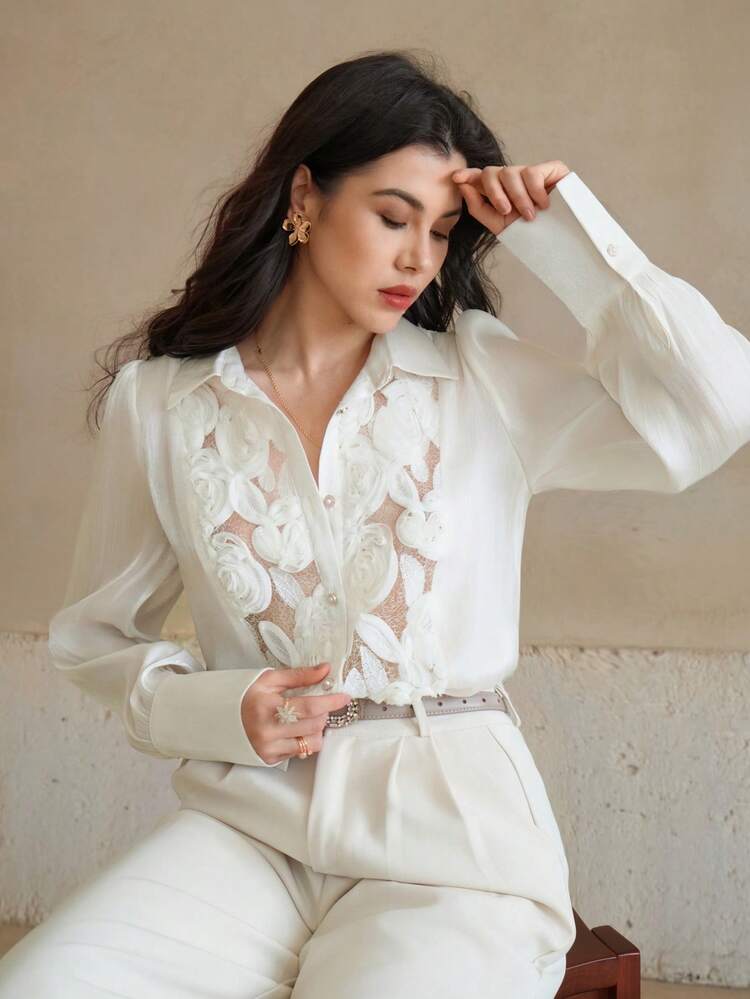 Ladies Elegant Lace Patchwork Shirt, New Summer Collection Long Sleeve Top