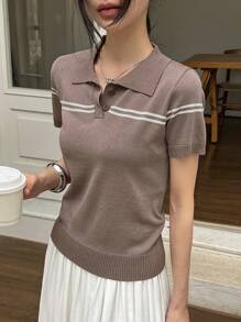 DAZY Áo kiểu nữ mùa hè kẻ sọc phối màu cổ polo, dáng rộng, cổ lửng, chất liệu dệt kim, thích hợp cho giáo viên. - Màu Khaki - Xem 3