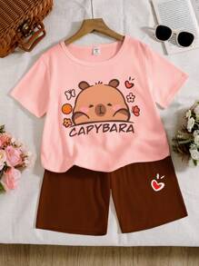 2件套青少年女孩休闲T恤和紧身裤短裤套装可爱T恤青少年可爱平价服装