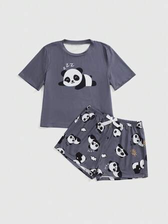 Conjunto de pijama con estampado de panda, de manga corta y pantalón corto, diseño de dibujos animados adorable