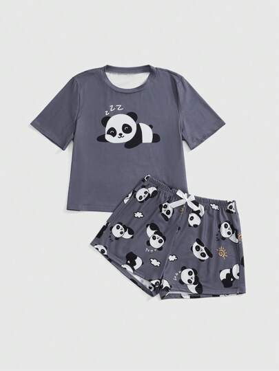 Conjunto de pijama con estampado de panda, de manga corta y pantalón corto, diseño de dibujos animados adorable