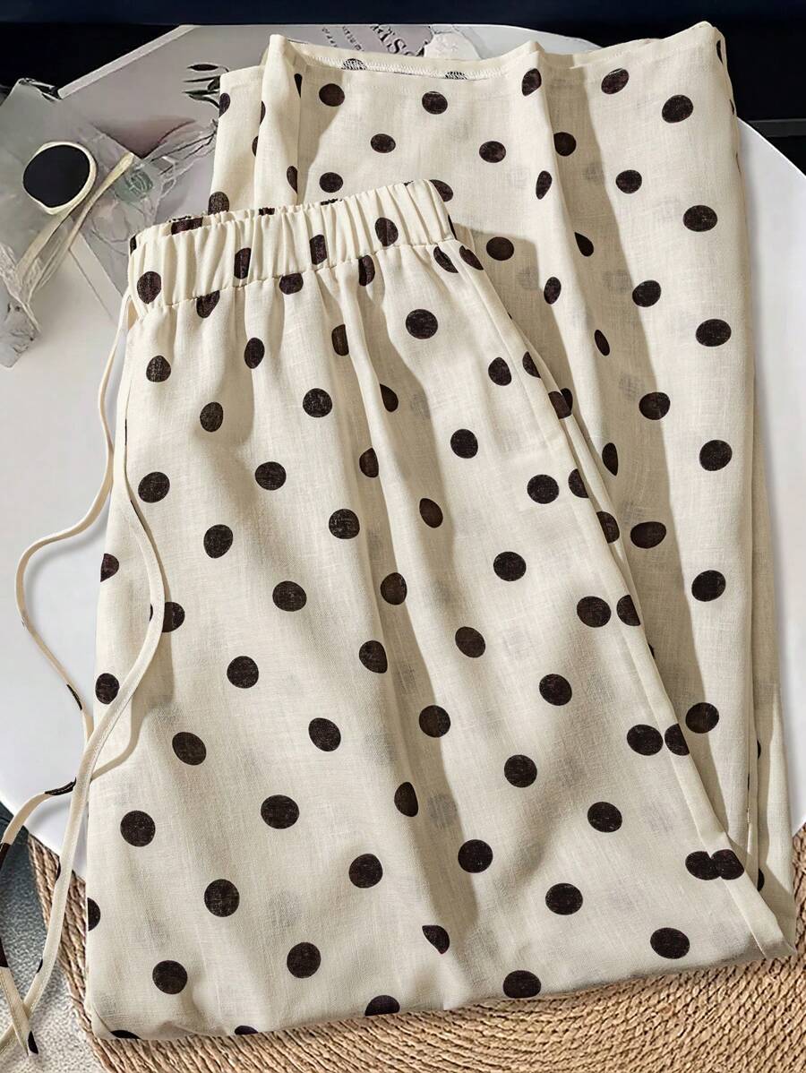 SHEIN LUNE Pantalones informales de talla grande de pierna ancha con estampado de lunares negros y cordón en la cintura - Albaricoque - Ver 1
