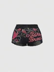 ROMWE Fairycore Y2K Diva Tight Fit Butterfly Embroidery Sexy Distressed Washed Low Waist Denim Shorts - Blue - View 1