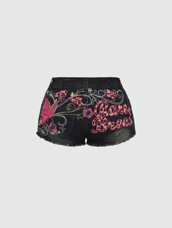 Fairycore Shorts vaqueros de talle bajo, ajustados, con bordado de mariposa, desgastados y sexy en estilo Y2K