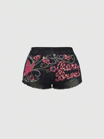 Fairycore Shorts vaqueros de talle bajo, ajustados, con bordado de mariposa, desgastados y sexy en estilo Y2K