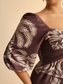 CAJUNI Vestido de playa de resort para mujer talla grande estilo bohemio con estampado tropical de árbol de coco rojo, mangas abultadas, nudo en el pecho y color beige - Multicolor - Ver 5