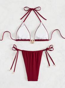 Swim SXY Red Triangle Top And Bottom Women's Red Bikini Swimsuit Set With Metal Accents, Vacation Style For Summer , Beach - Red - View 3