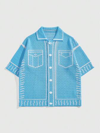 Street Life Men's Geometric Print Front Button Casual Short Sleeve Knit Top