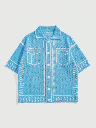 Street Life Men's Geometric Print Front Button Casual Short Sleeve Knit Top