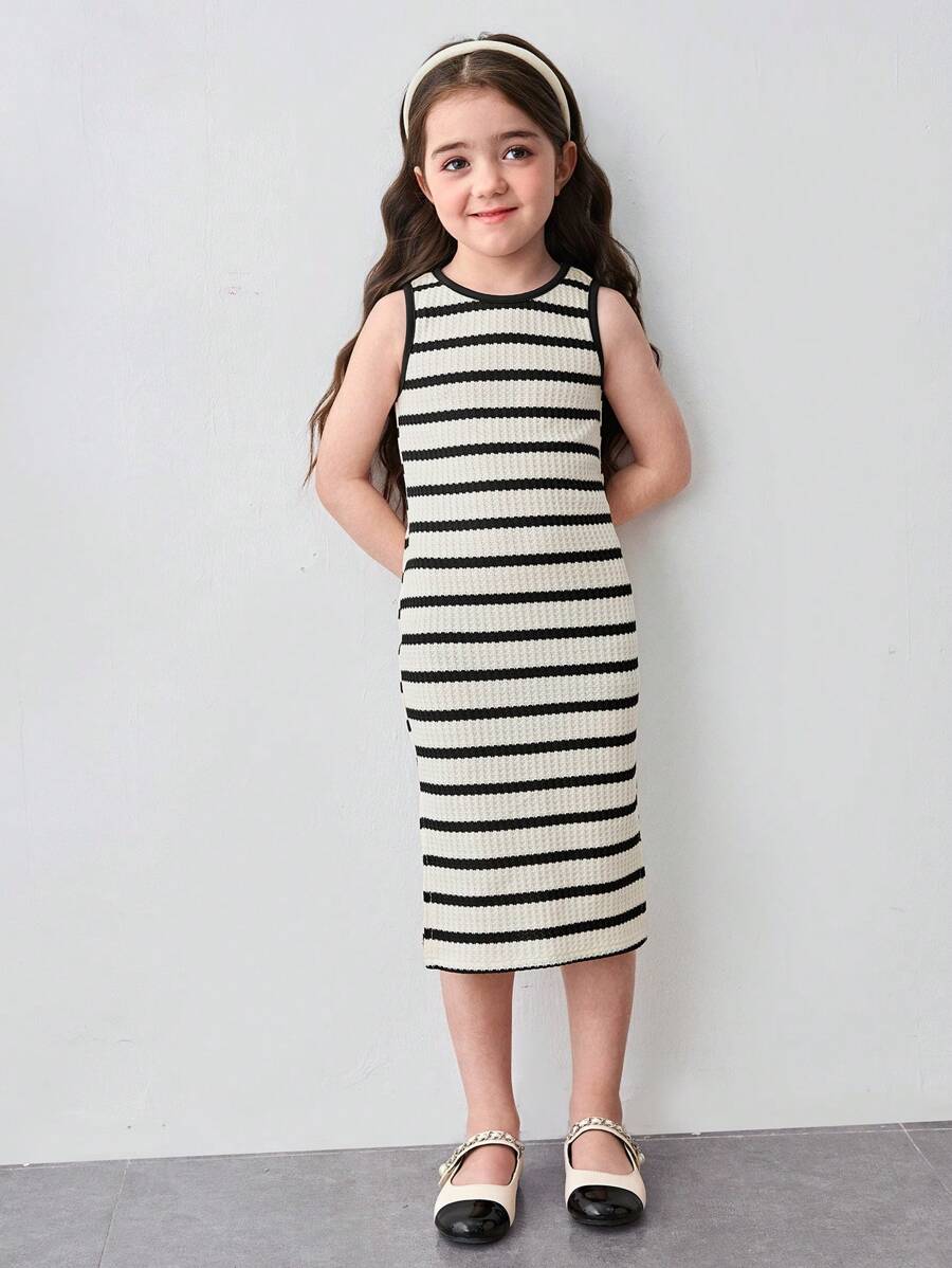 SHEIN Vestido informal de punto a rayas de ajuste ceñido sin mangas para niña joven - Blanco y Negro - Ver 1