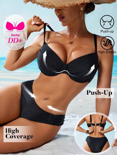 Swim DD+ Women's Sexy DD+ Push-Up Padded Solid Color Black Bikini Set For Summer Beach Vacation