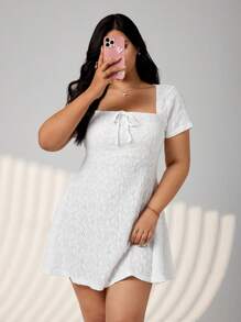 SHEIN ICON Plus Size Solid Square Neck Mini Y2K Style Casual Dress, White, Suitable For Summer Vacation, Graduation Season, Back To School Clothes - White - View 7