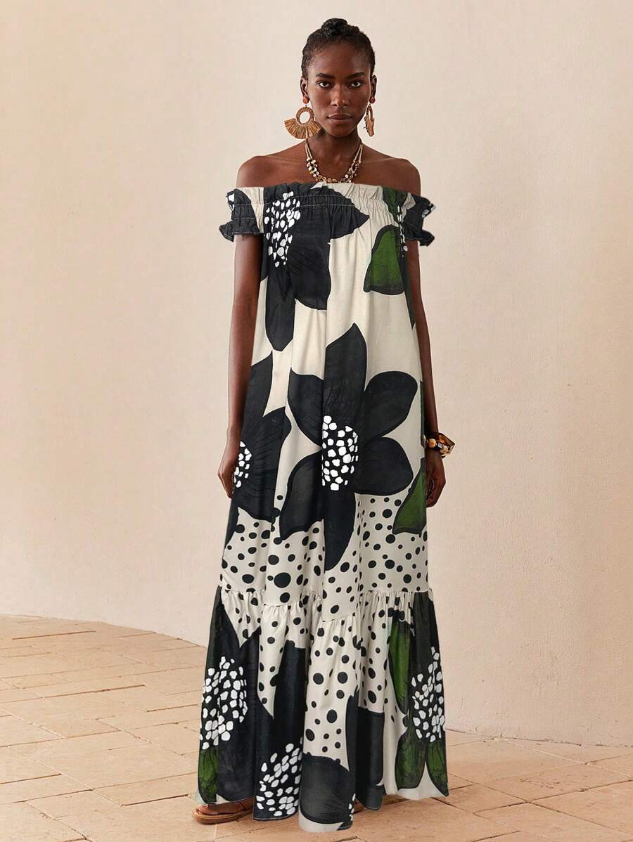 SHEIN Lady 女式花卉印花露肩荷叶边下摆连衣裙，度假风格 - 綠色 - 查看 1