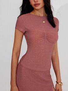 Roylia Women Summer Elegant Round Neck Short Sleeve Drawstring Waist Fitted Crop Top & High-Low Layered Skirt 2pcs Set