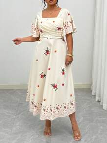 Modelyn Plus Size Women Vacation Square Neck Ruffle Sleeve Floral Print Cinched Waist A-Line Dress - Multicolor - View 4