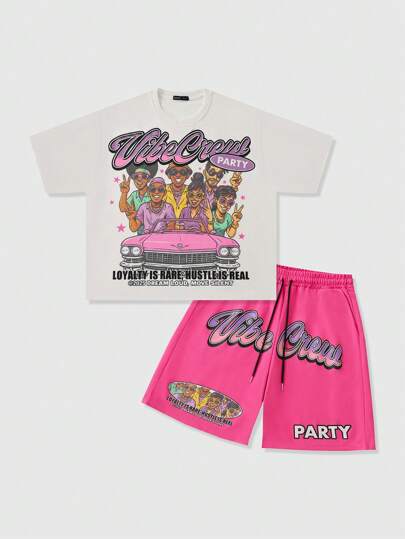 Street Life Set de camiseta gráfica corta y holgada para hombres, estilo de ropa urbana retro