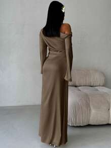 Aloruh Minimalist High-Quality Taffeta Asymmetrical Neck Ruched Flare Sleeve Floor Length Mermaid Skirt, Suitable For Valentine's Day Dresses For Wedding Event - Brown - View 2